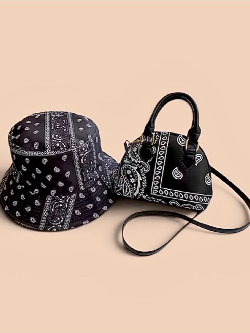 Black Bandana Print Bucket Hat and Mini Crossbody Bag Set